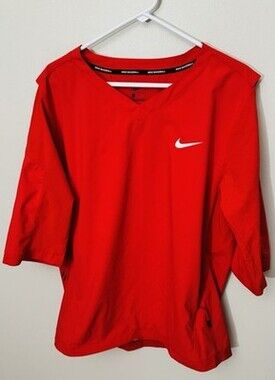 Nike Dri Fit Pullover Jacket -Baseball- V Neck-Red-Size L/ 3/4 Sleeve